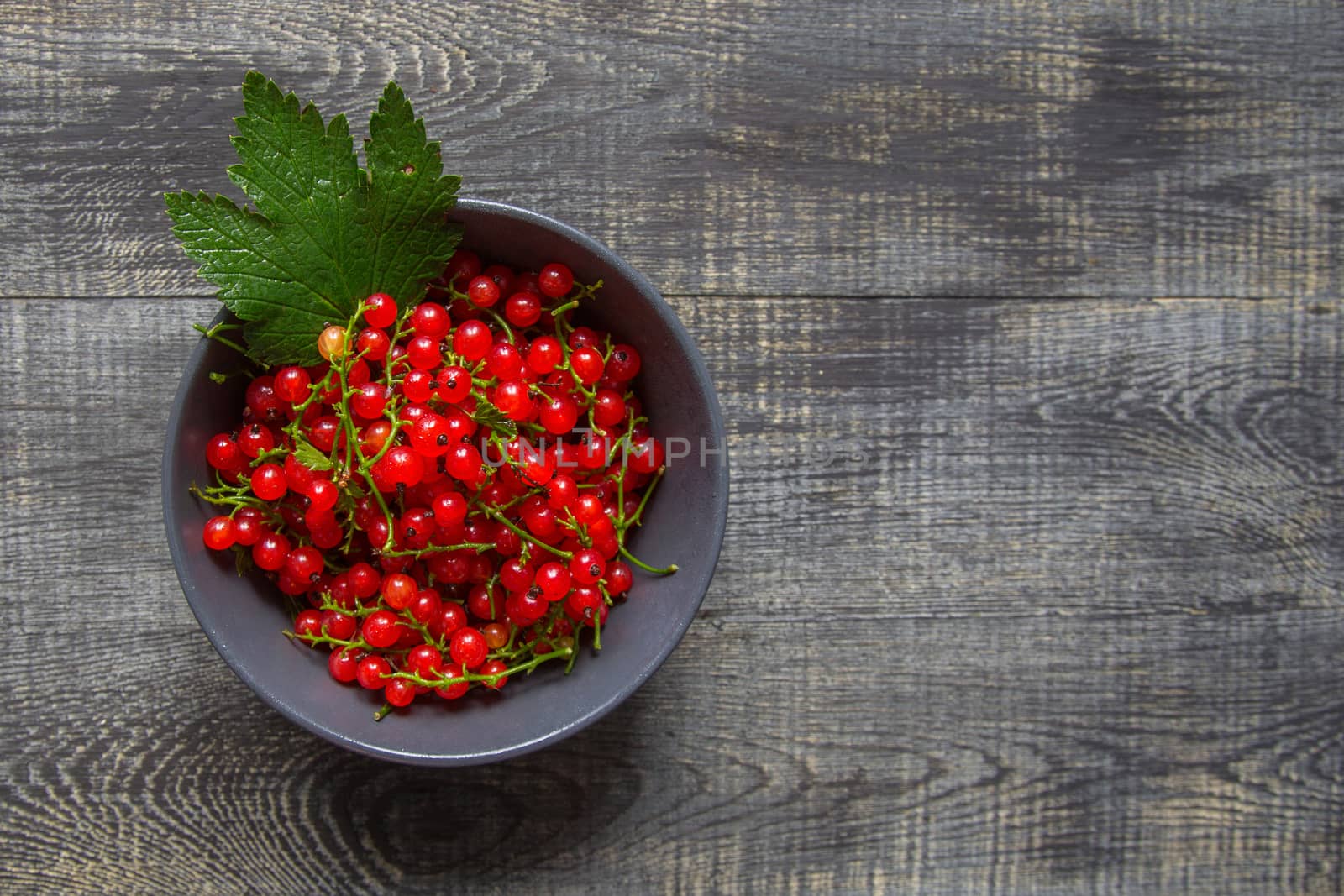 red currant berries in a ceramic bowl on a rustic wooden background. close up and selective focus