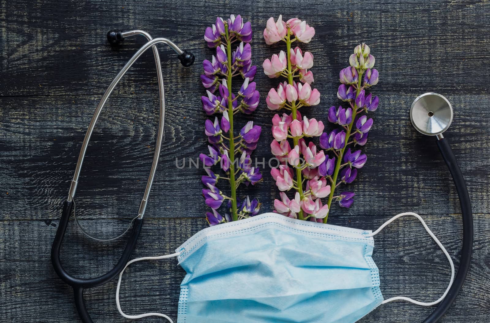 Summer healthcare concept.Stethoscope and flowers on dark wooden table by galinasharapova