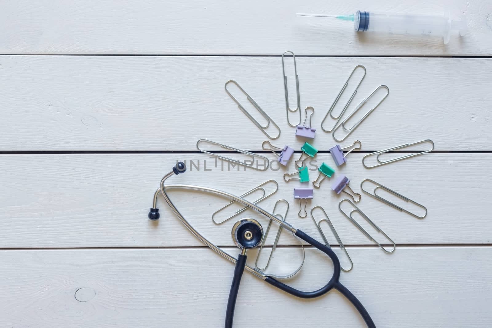 Abstract Coronavirus concept.Virus model using office supplies. Be healthy, stay at home, work at home.