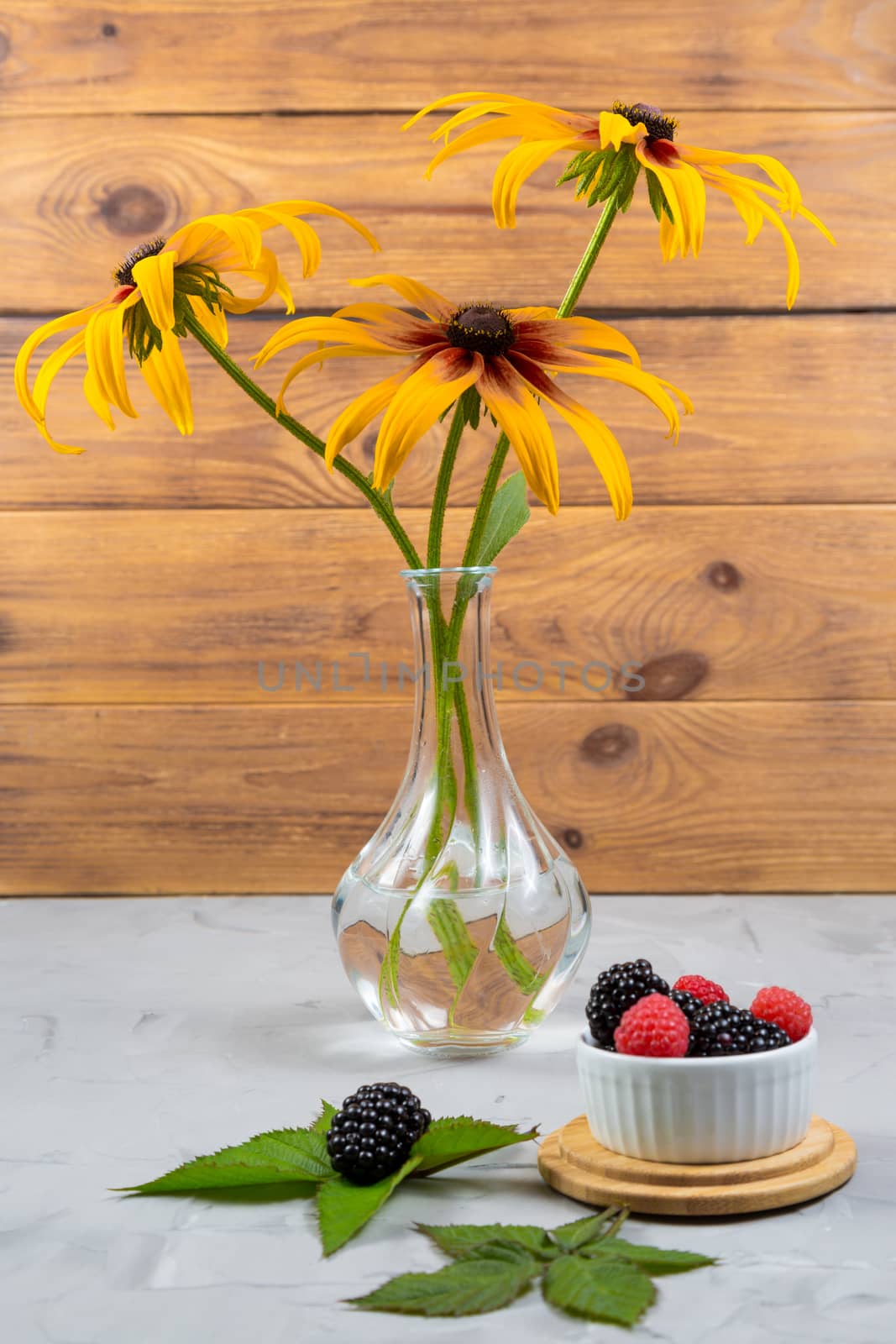 rudbeckia flowers in a transparent vase on a gray concrete table by galinasharapova