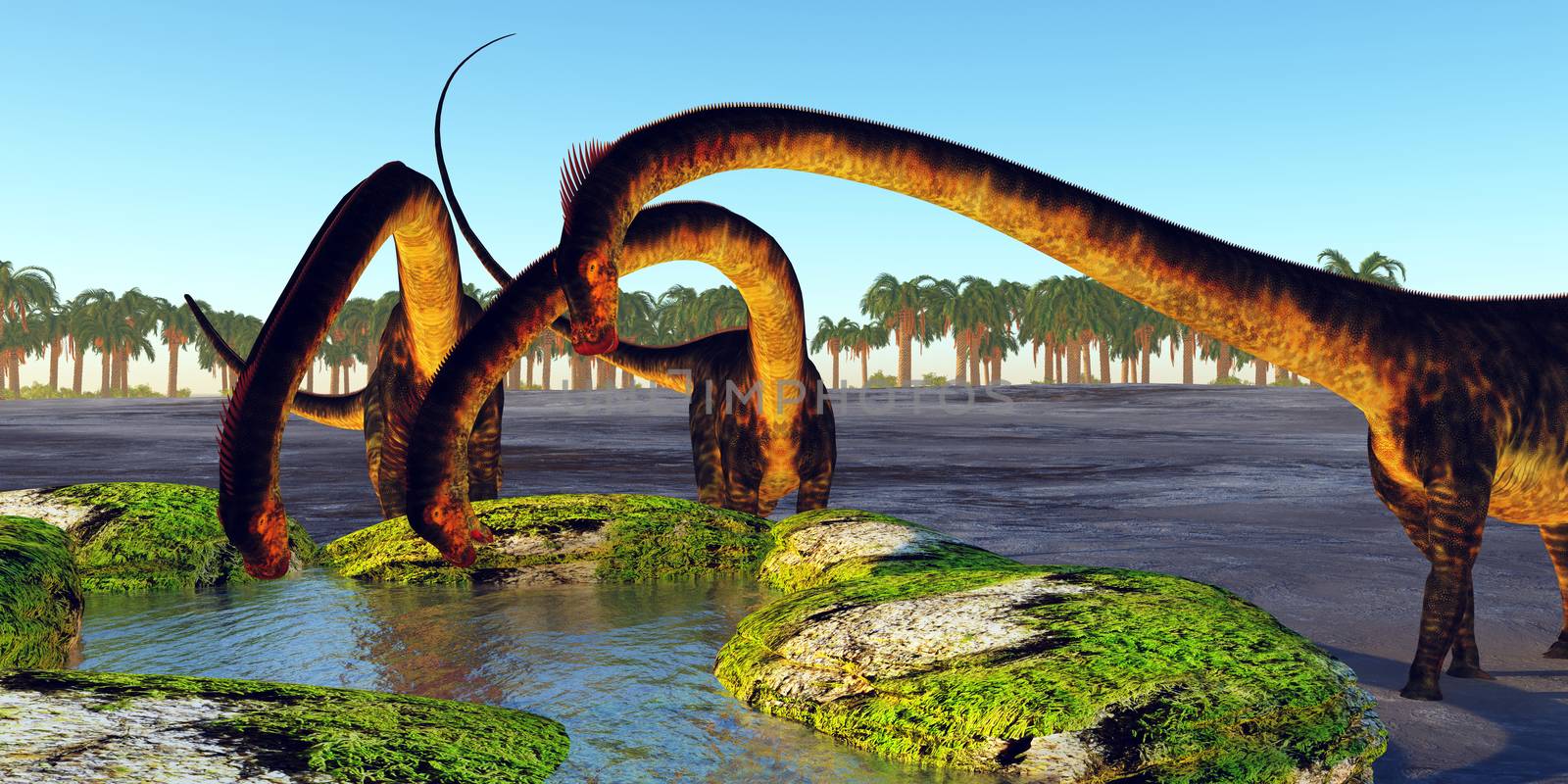 A herd of Barosaurus dinosaurs find a luscious water spring to quench their thirst during the Jurassic Period.