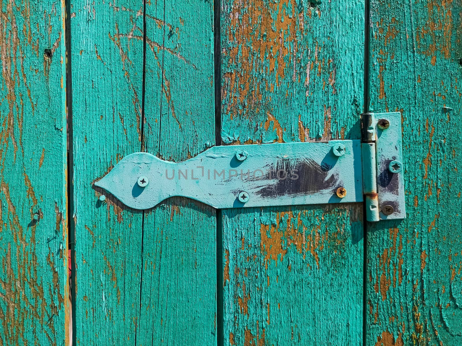 Old rusty door hinge on a wooden fence door