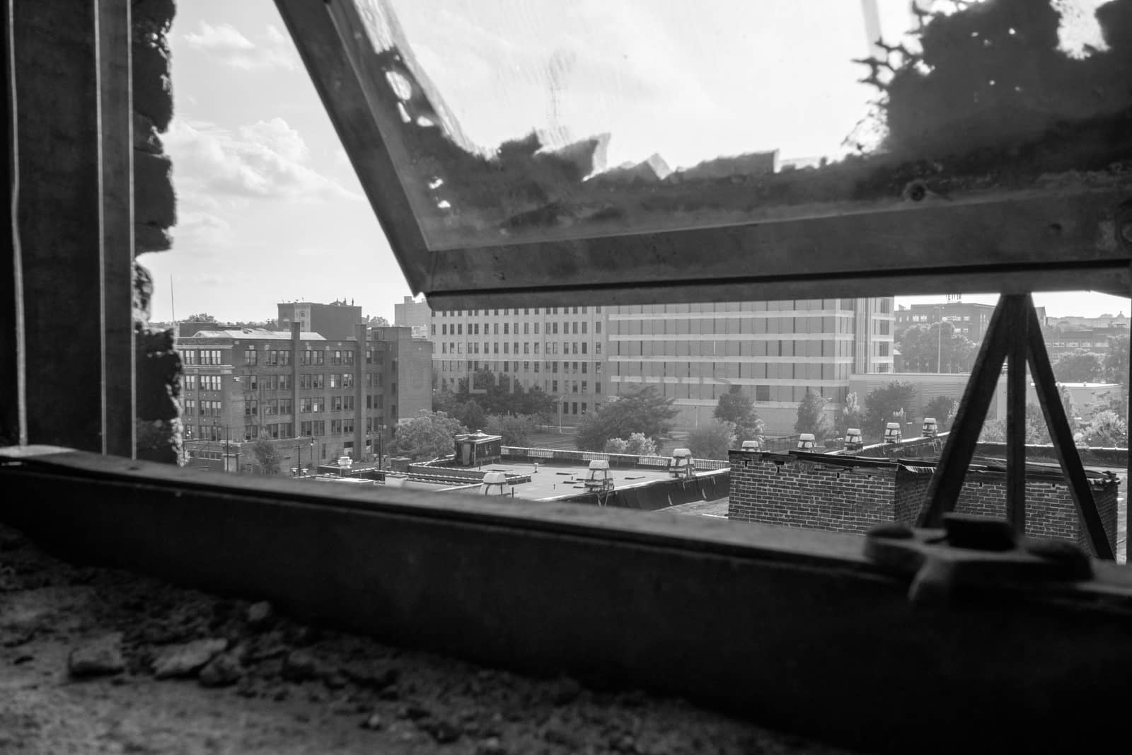 Looking Out an Old Dirt Window at the City Skyline of Newark New Jersey