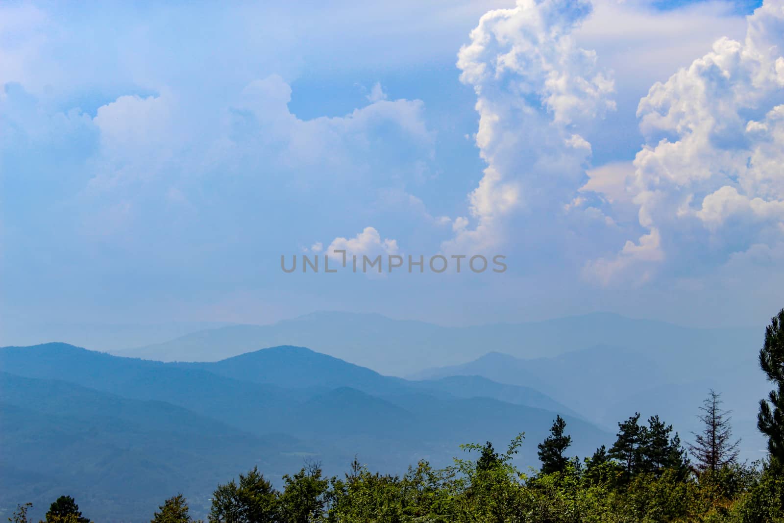 Forest at the bottom. Blue silhouette of a mountain in the distance, with clouds in the blue sky. Mountains and hills in the distance. by mahirrov