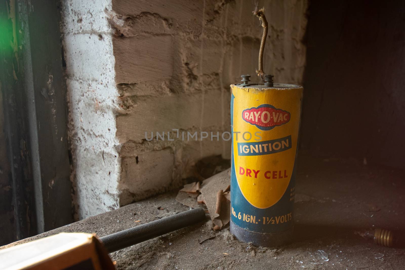 NEWARK, NEW JERSEY - JULY 17, 2020: An Antique Ray-O-Vac Dry Cell Ignition Battery Sits Forgotten Inside the Abandoned Proctors Palace Theatre in Newark, New Jersey.