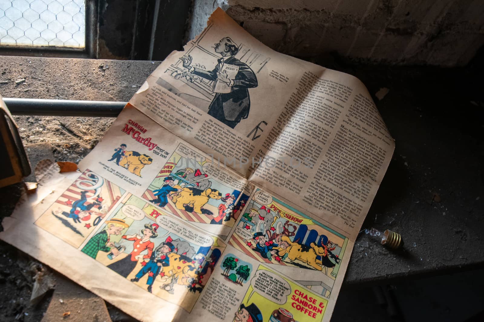 NEWARK, NEW JERSEY - JULY 17th, 2020: An Old Newspaper Sits Forgotten in the Abandoned Proctor's Palace Theatre in Newark New Jersey