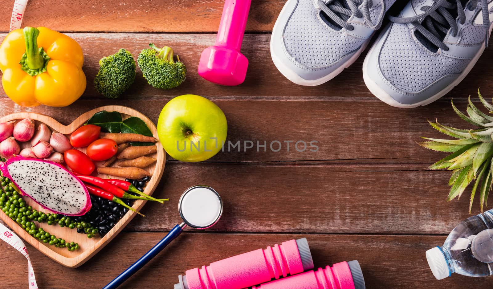 fruit and vegetable in heart plate, shoes, sports equipment and  by Sorapop