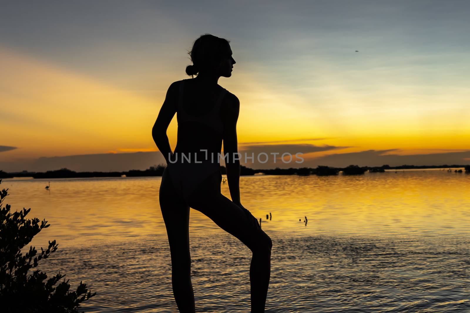 A beautiful latin model is silhouetted as she poses with the rising sun behind her on a exotic Caribbean beach