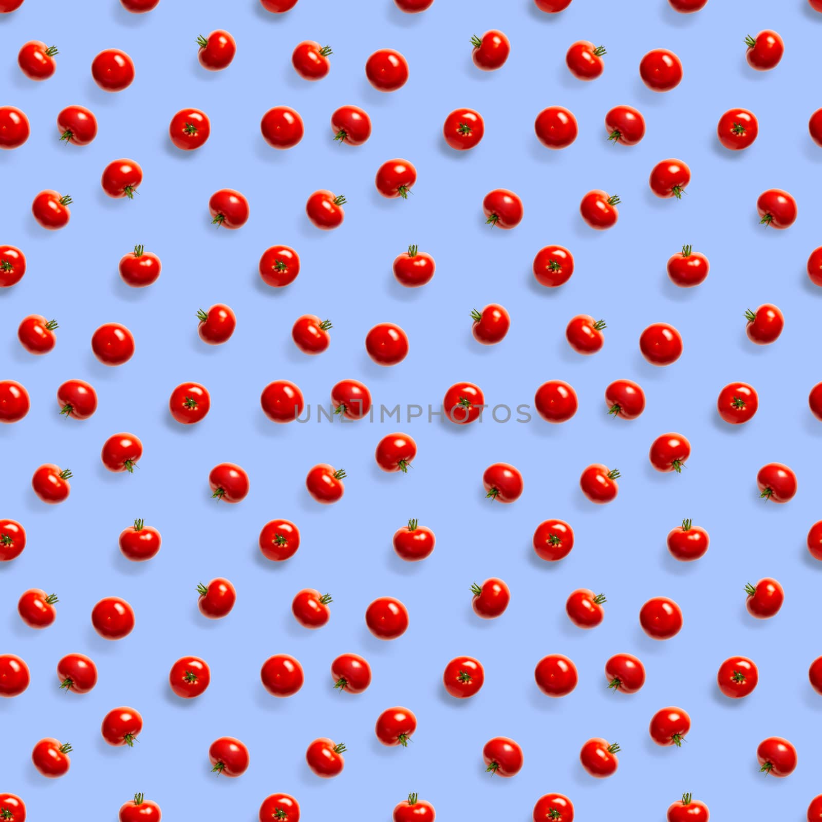 Seamless pattern with red ripe tomatoes. Tomato isolated on blue background. Vegetable abstract seamless pattern. Organic Tomatoes flat lay.