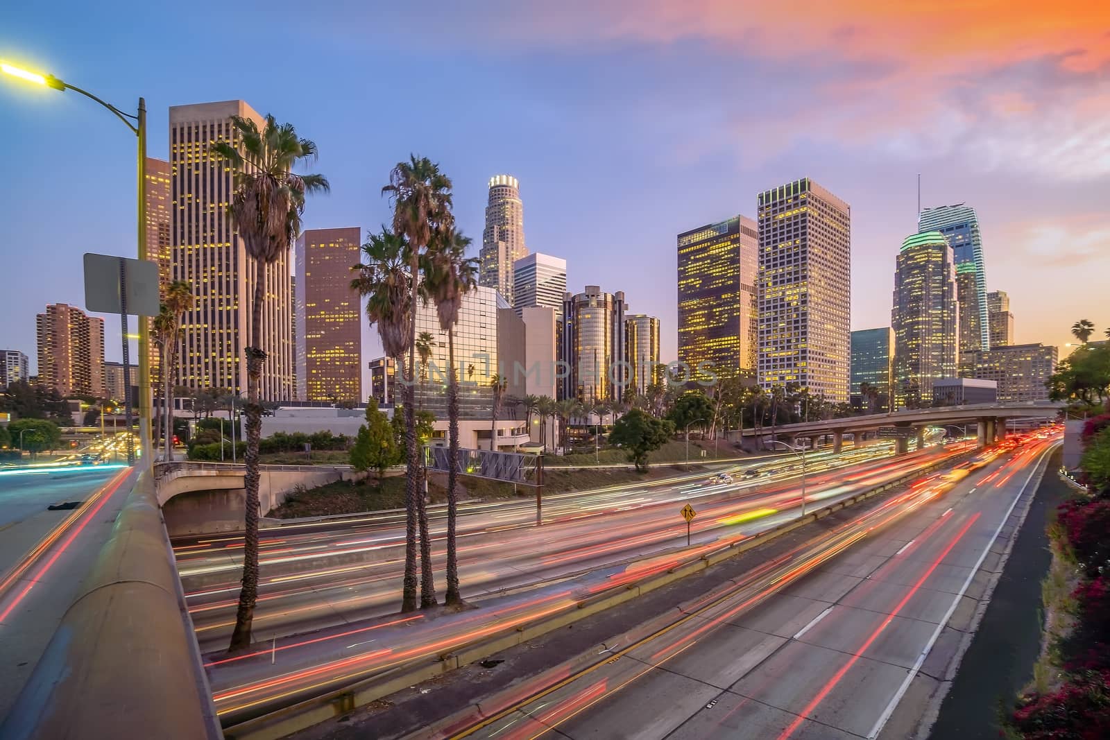 Beautiful sunset of Los Angeles downtown skyline in CA, USA