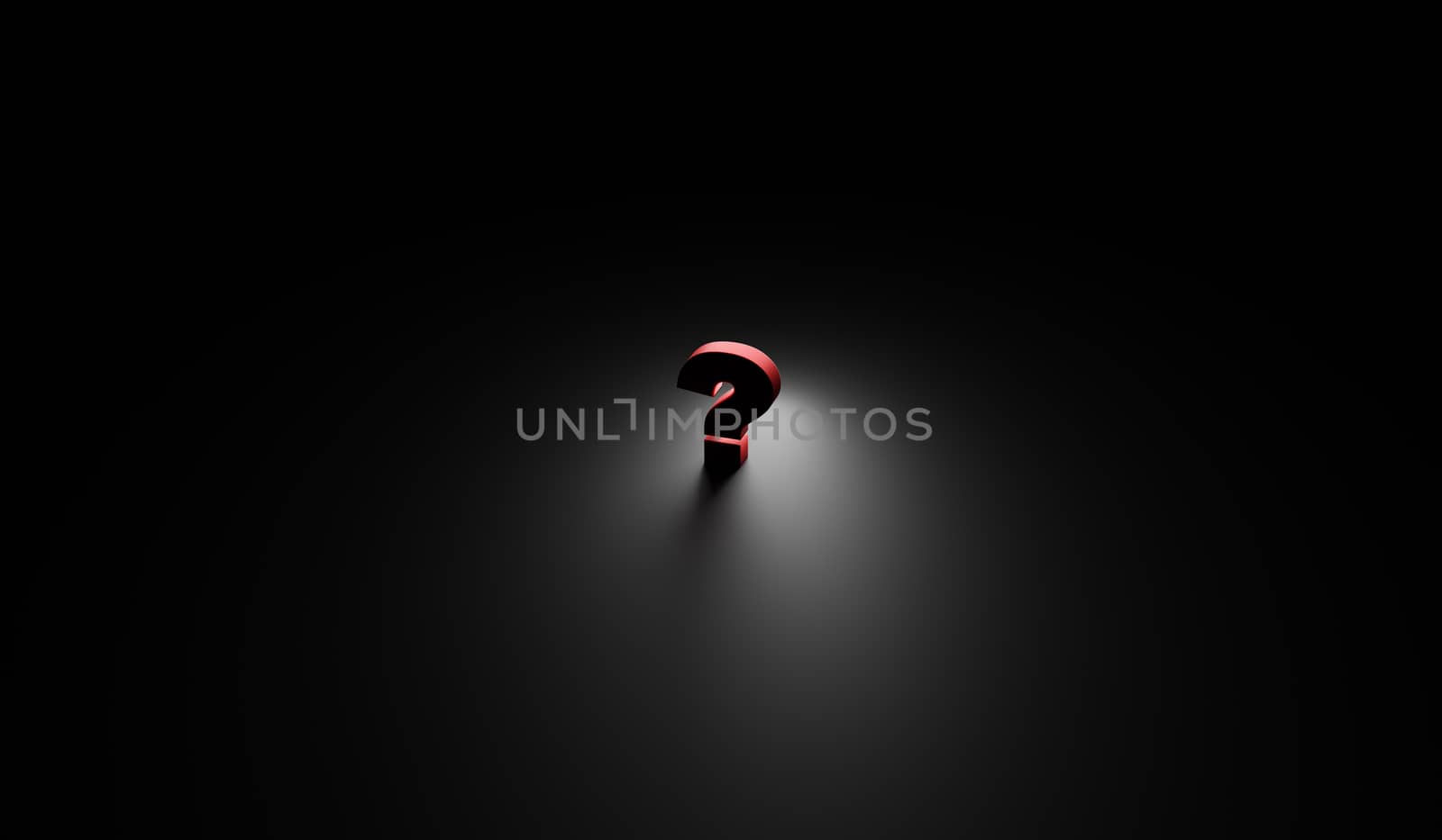 Question mark in dark room 3d render by Myimagine