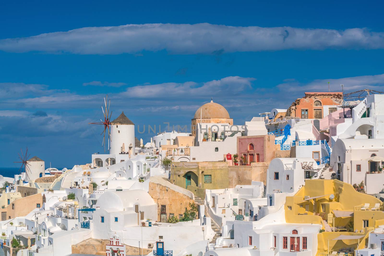 Oia town cityscape at Santorini island in Greece. Aegean sea