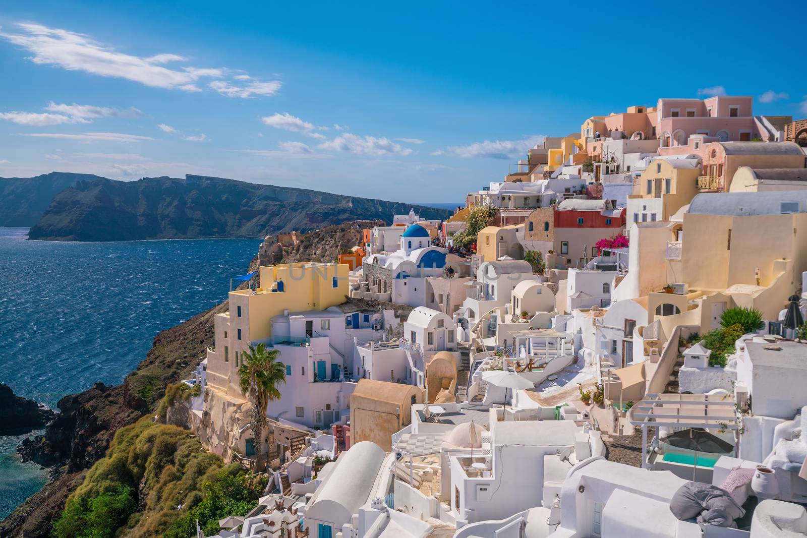 Oia town cityscape at Santorini island in Greece. Aegean sea