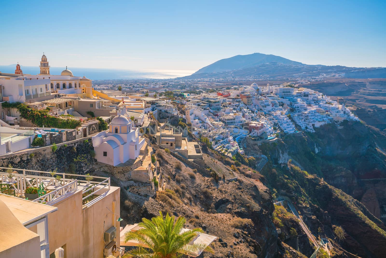 Fira town cityscape at Santorini island in Greece. Aegean sea