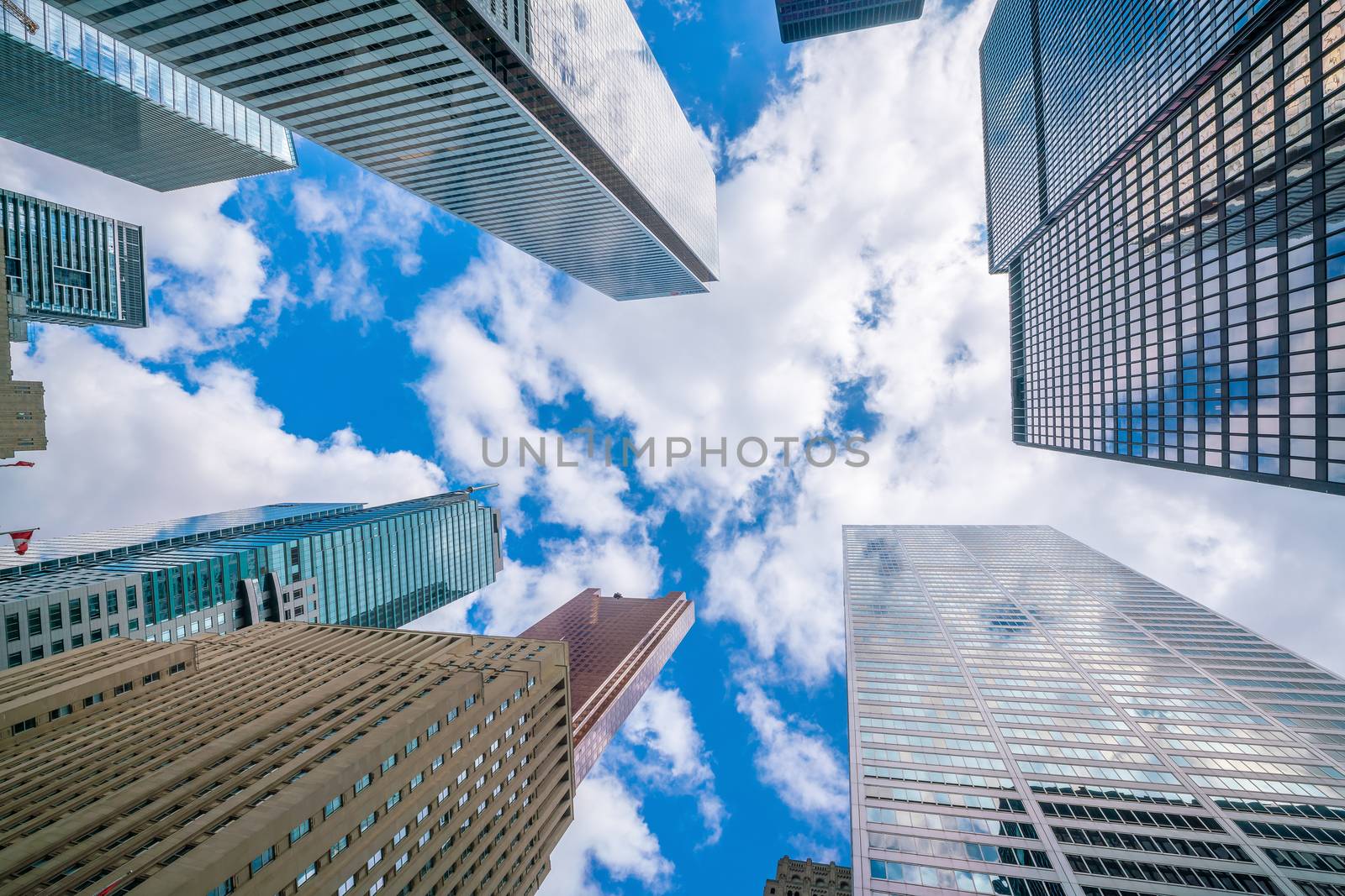 Looking up shot of downtown financial district with skyscrapers in  Toronto Canada.