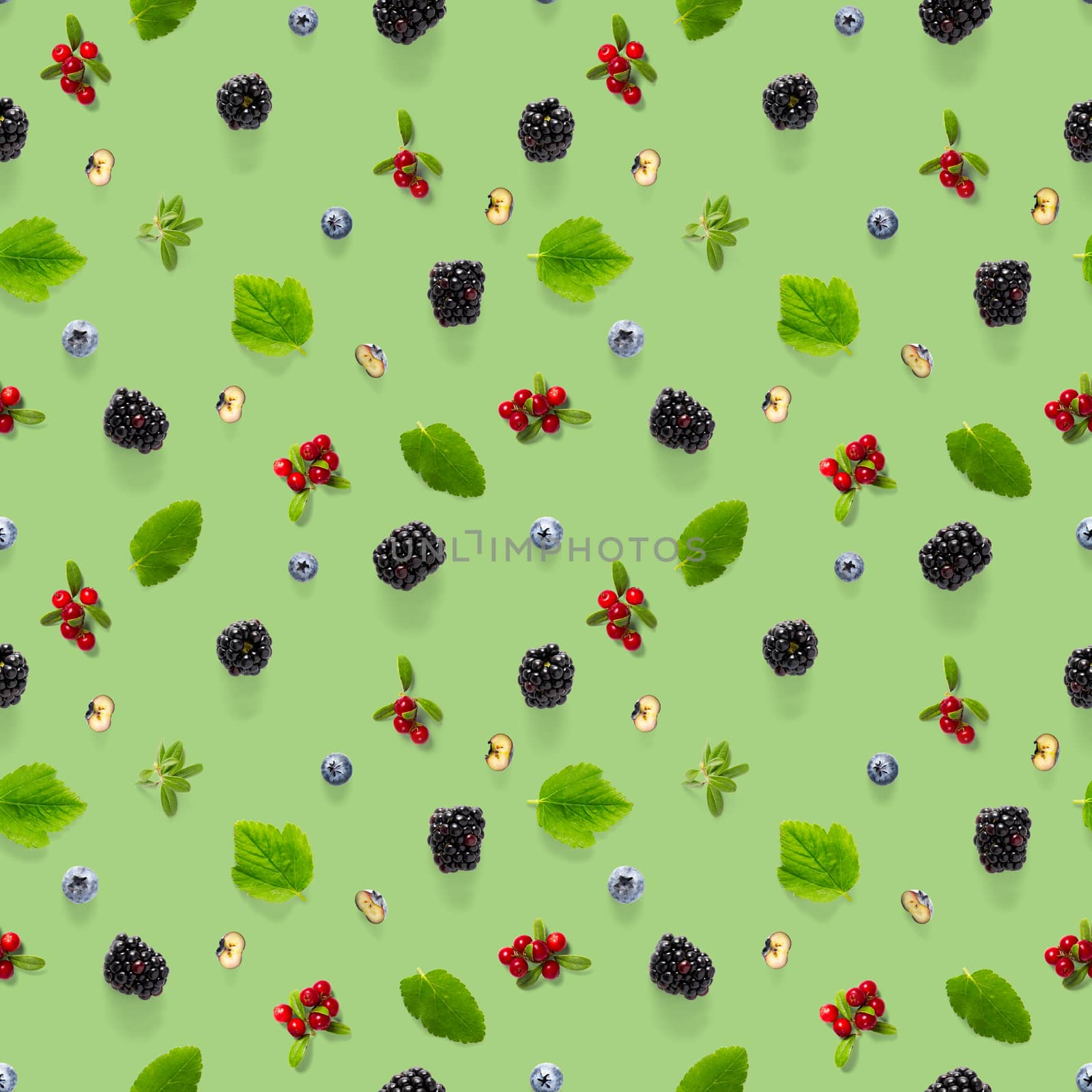 Creative seamless pattern of wild berries, blackberry, blueberry, lingonberry and bramble. modern seamless pattern on green backgriund made from autumn forest wild berries. Forest berries mix