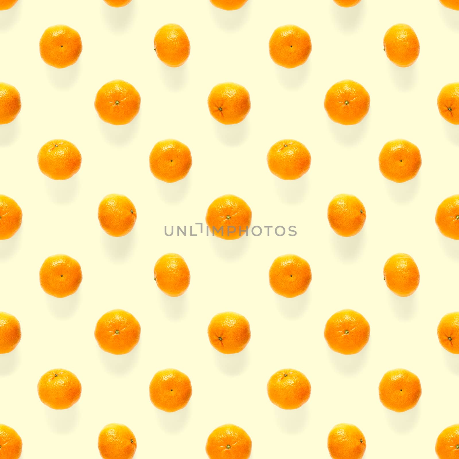 Fresh mandarin Seamles pattern. Ripe fruit tangerines seamless pattern. Fresh citrus isolated on yellow background pattern. Flat lay of Clementine. Mandarine modern tropical seamless background.