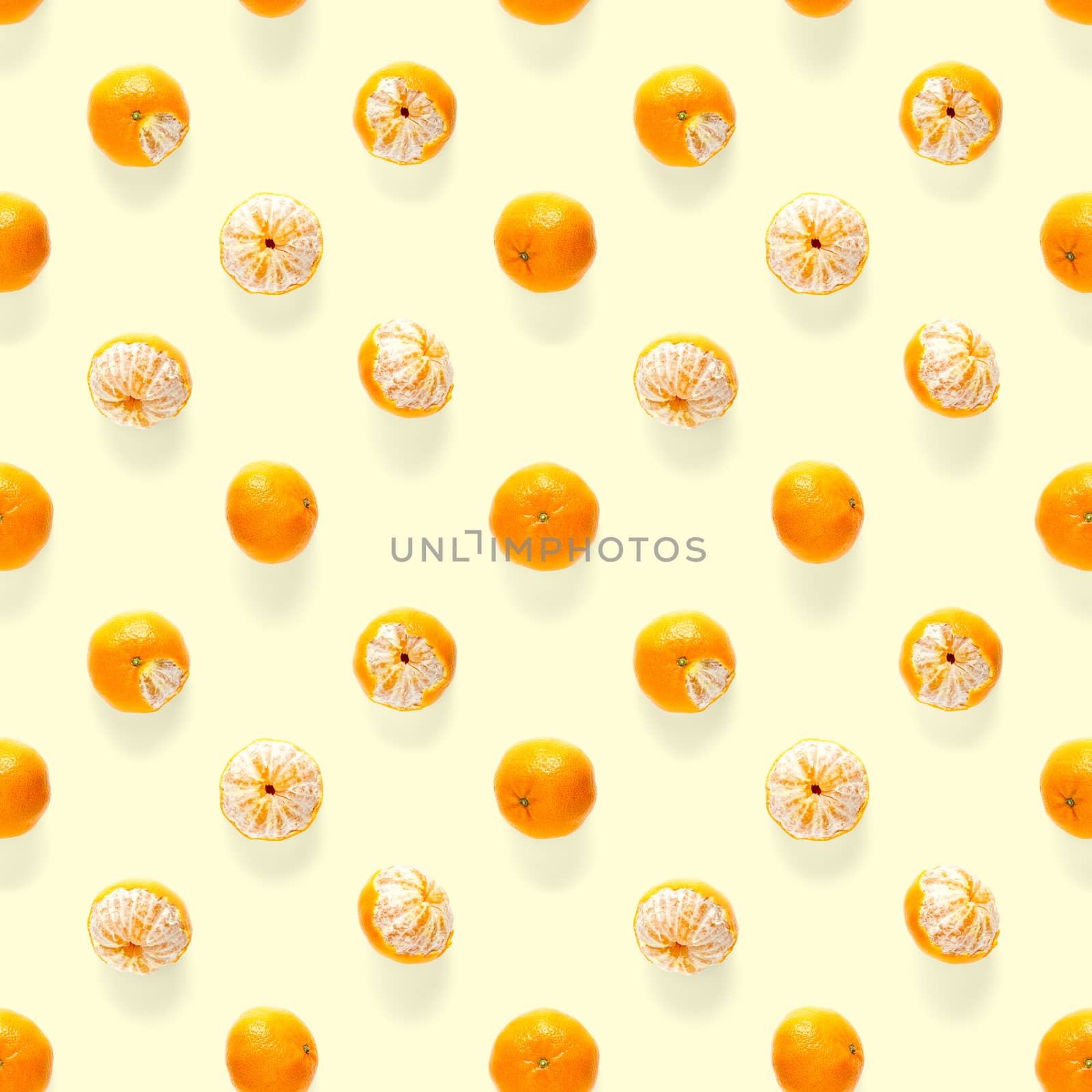 Fresh mandarin Seamles pattern. Ripe fruit tangerines seamless pattern. Fresh citrus isolated on yellow background pattern. Flat lay of Clementine. Mandarine modern tropical seamless background.