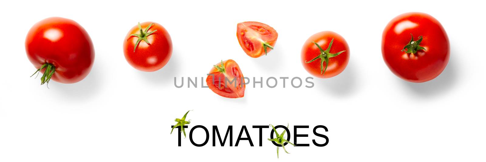 Creative wide layout made of tomato on the white background. Creative flat lay set of tomatoes with simple text on white background banner, copy space by PhotoTime