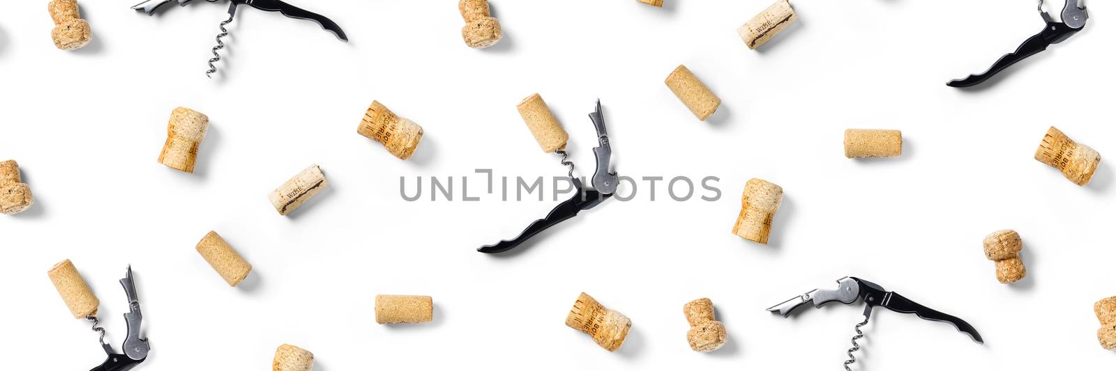 wine corks background on a white backlit background. wine background with corks and corkscrew for fabric print, paper print, wallpapers, design, banner