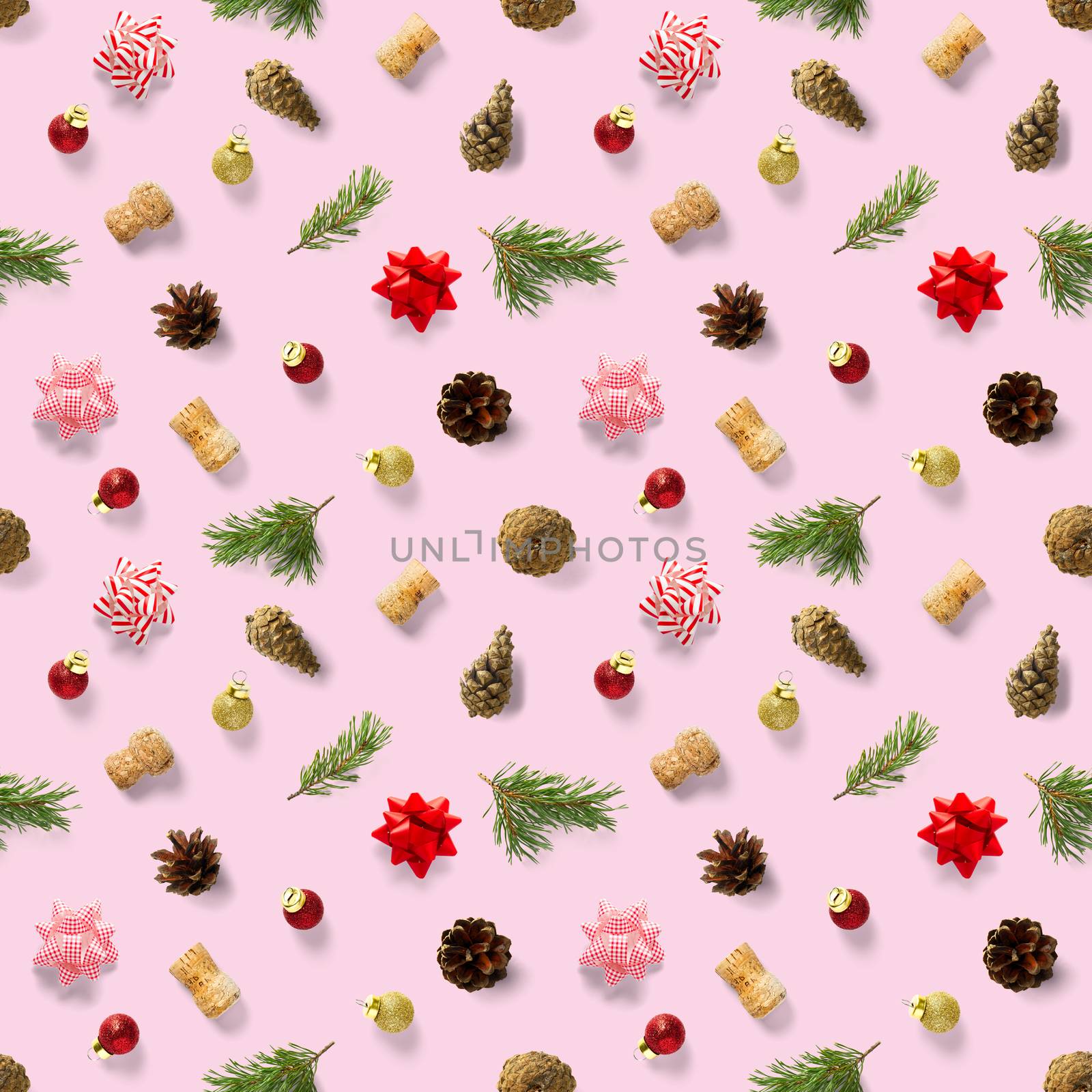 Seamless regular creative Christmas pattern with New Year decorations on pink background. xmas Modern Seamless pattern made from christmas decorations. Photo quality pattern for fabric, prints, wallpapers, banners or creative design works.