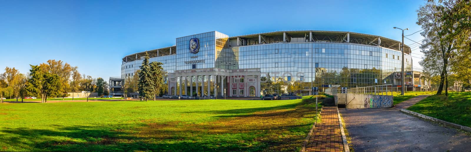 Odessa, Ukraine 11.05.2019.  Chernomorets football club stadium in Odessa, Ukraine, on a sunny autumn day