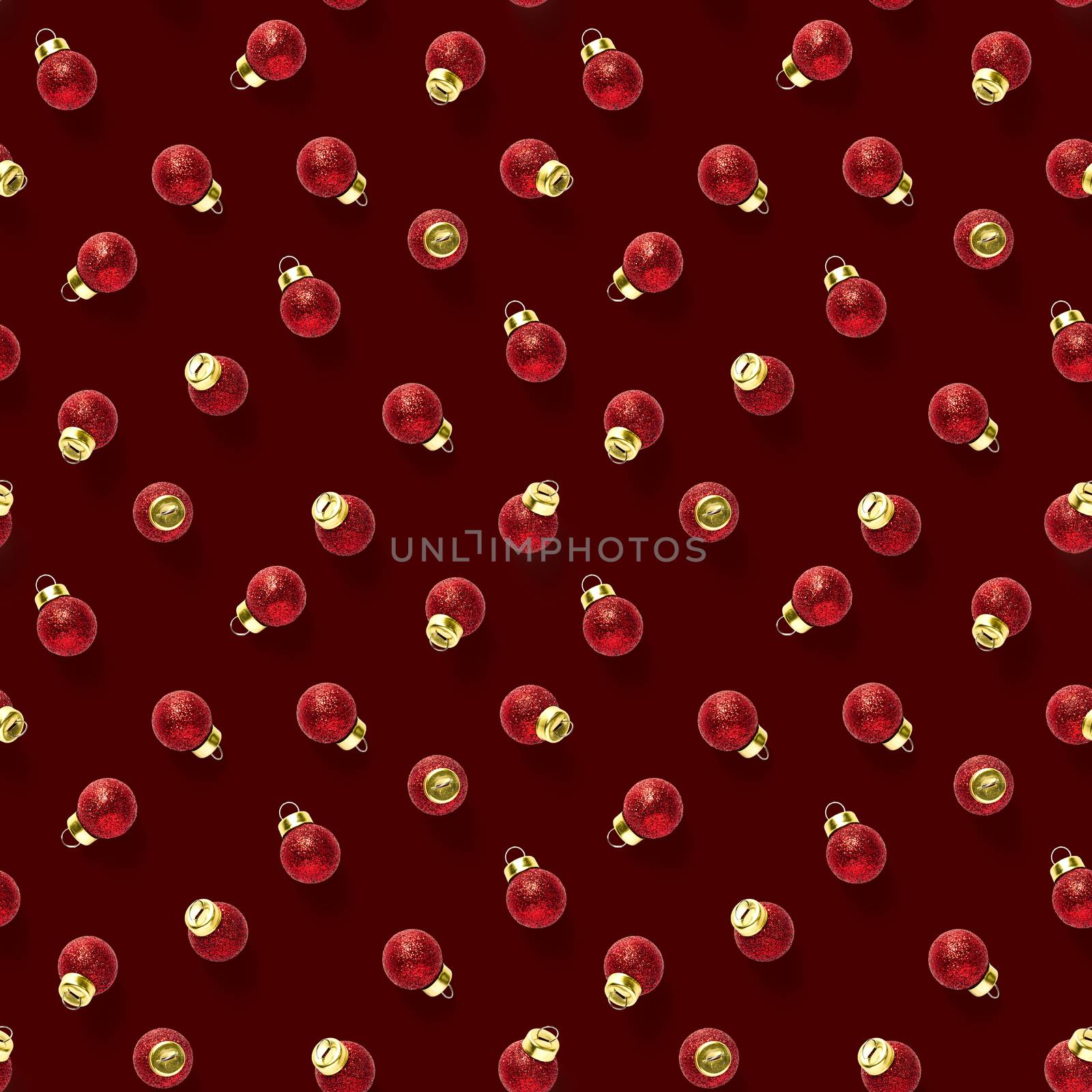Seamless pattern with red Christmas decorations on red background. Christmas red ornaments Seamless pattern. Christmas abstract background made from balls.