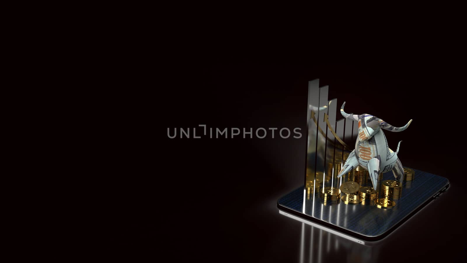 The bull surface banknote and coins on tablet for business content 3d rendering.