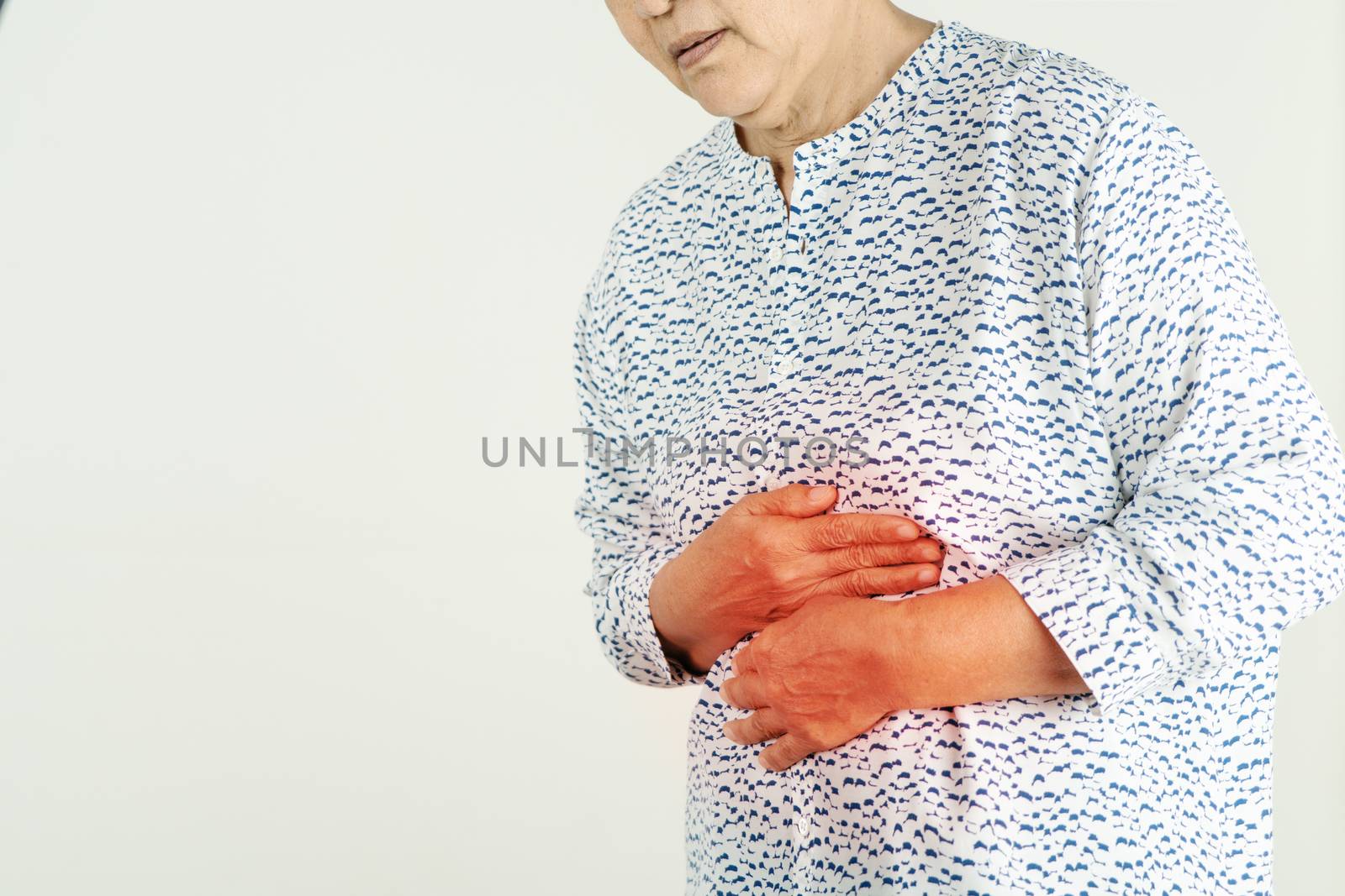 Senior woman Suffering From Acid Reflux Or Heartburn-Isolated On White Background