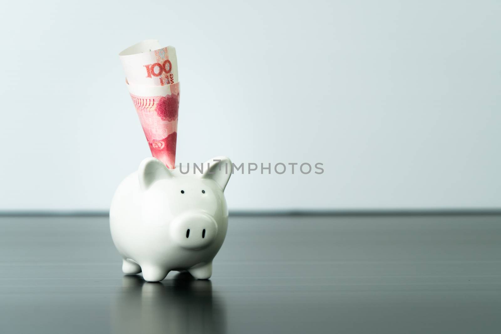 Money saving and donation concept, money on cute white piggy ban by psodaz