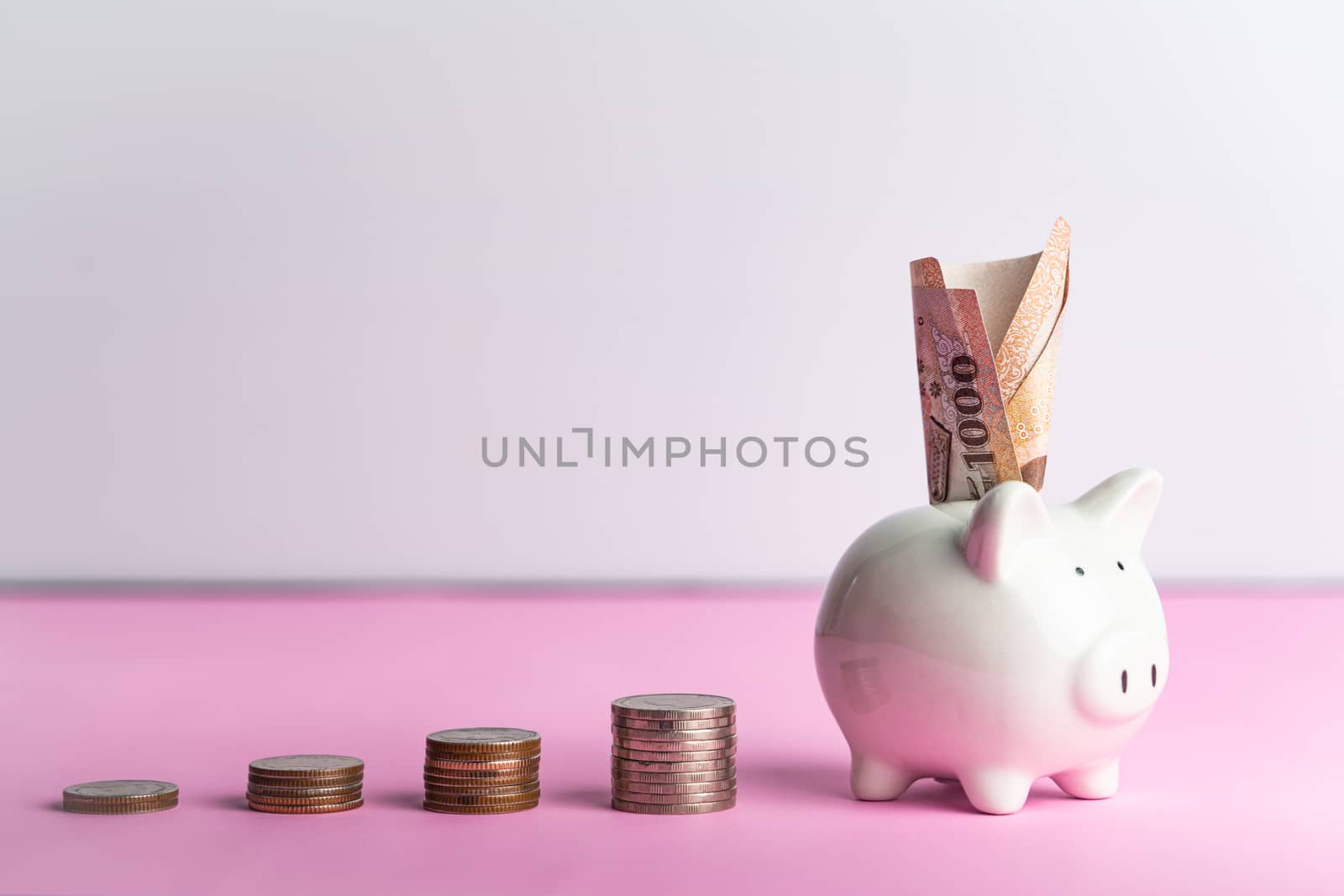 Money saving and donation concept, money on cute white piggy ban by psodaz