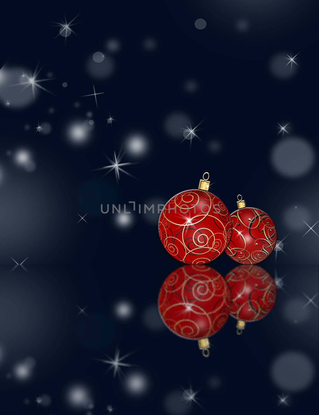 Christmas balls with different gold patterns on blue reflection background with bokeh. Place for text. copy space. 3D illustration