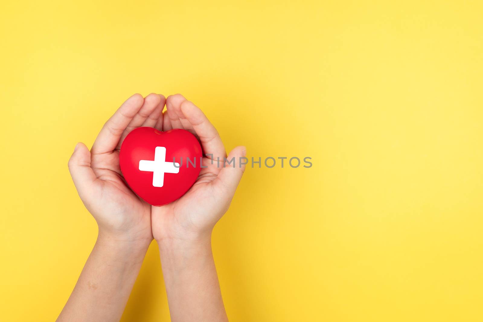 world red cross day, child hands holding red heart, healthcare,  by psodaz