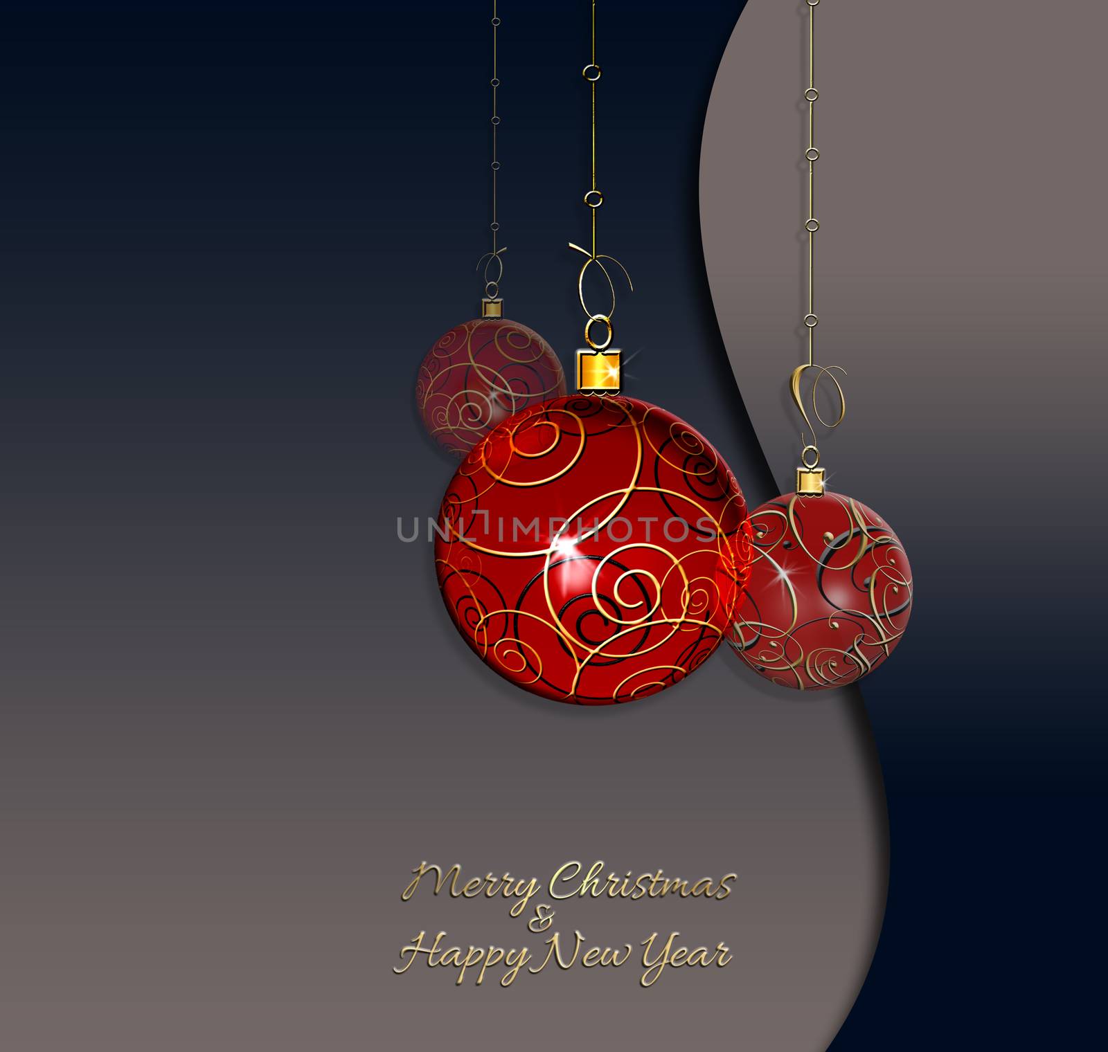 Red Christmas balls baubles with different gold ornament on dark blue background. Text Merry Christmas Happy New Year. 3D render
