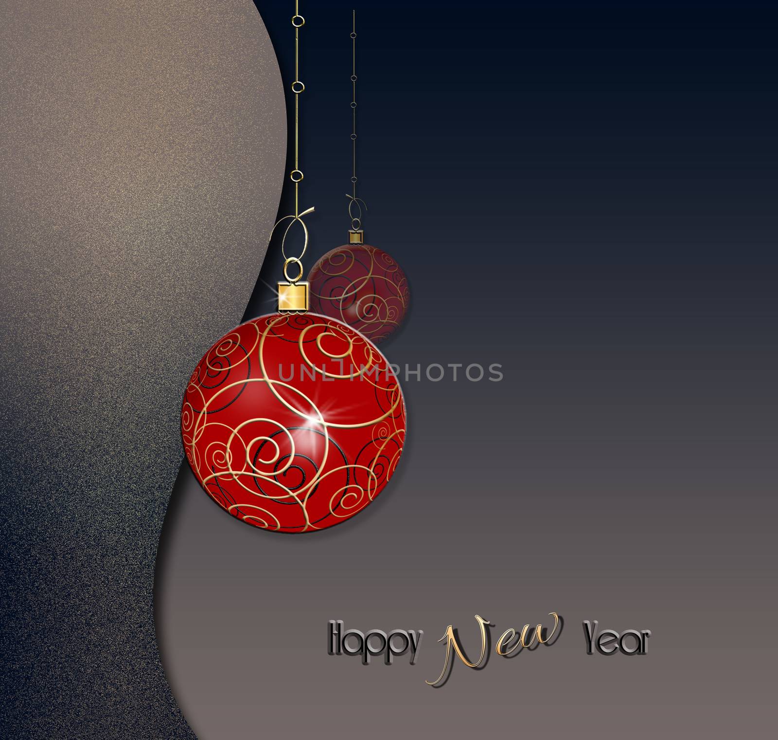 Luxury Christmas 2021 New Year background. Red balls baubles on blue curve background with gold glitter confetti. Copy space, mock up, place for text. 3D render