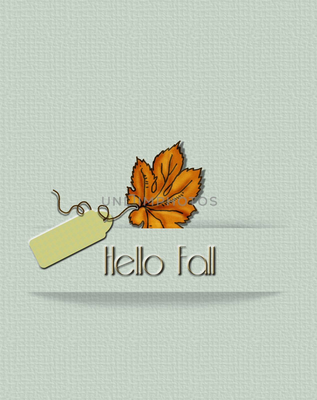 Autumn fall abstract background. Sale tag with symbol of autumn maple leaf on pastel green background. Yext Hello Fall. Place for text, mock up. 3D render