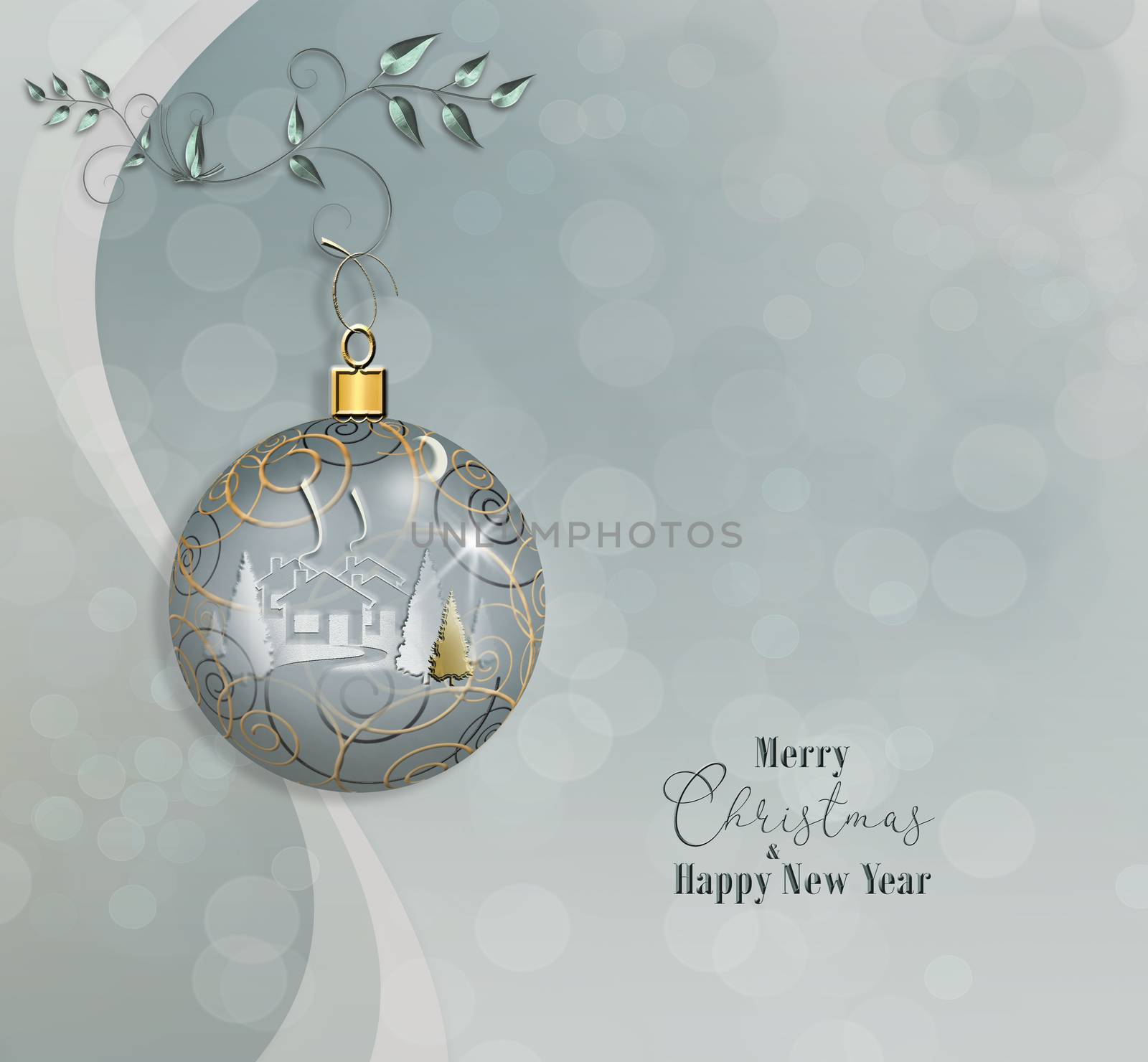 Winter landscape with houses, trees, firs in a white Christmas ball on pastel background with bokeh. Text Merry Christmas and Happy New Year. 3D illustration