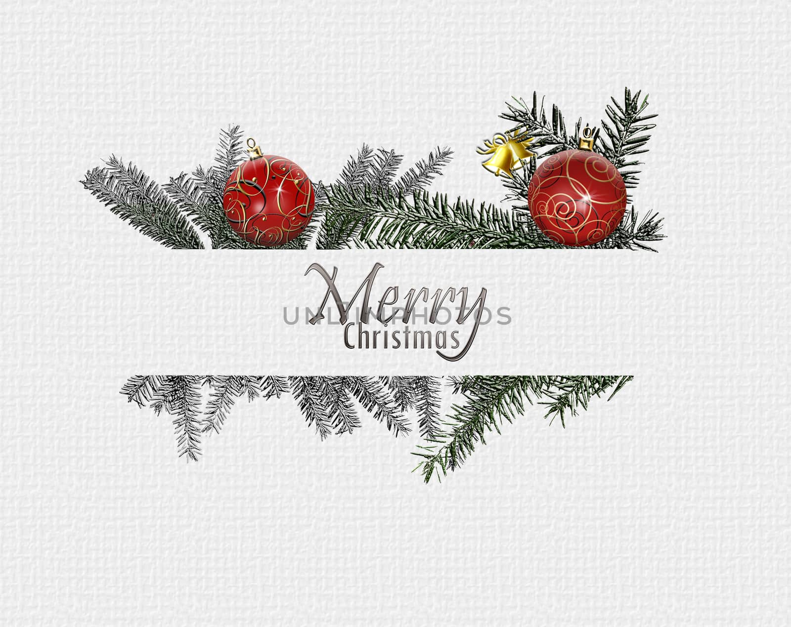 Beautiful minimalist Christmas 2021 New Year card with fir branches and gold red baubles balls in the border of white paper stripe. 3D illustration