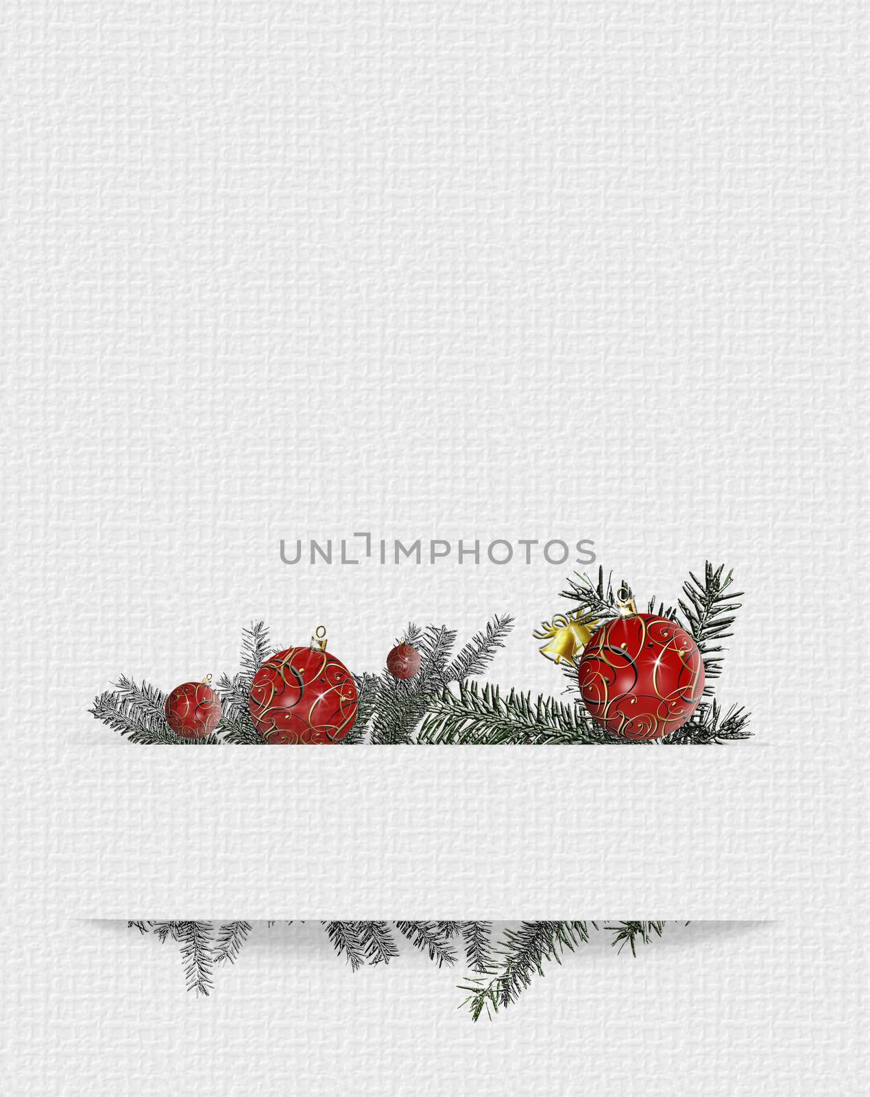 Beautiful minimalist Christmas 2021 New Year card with fir branches and gold red baubles balls in the border of paper stripe. 3D illustration