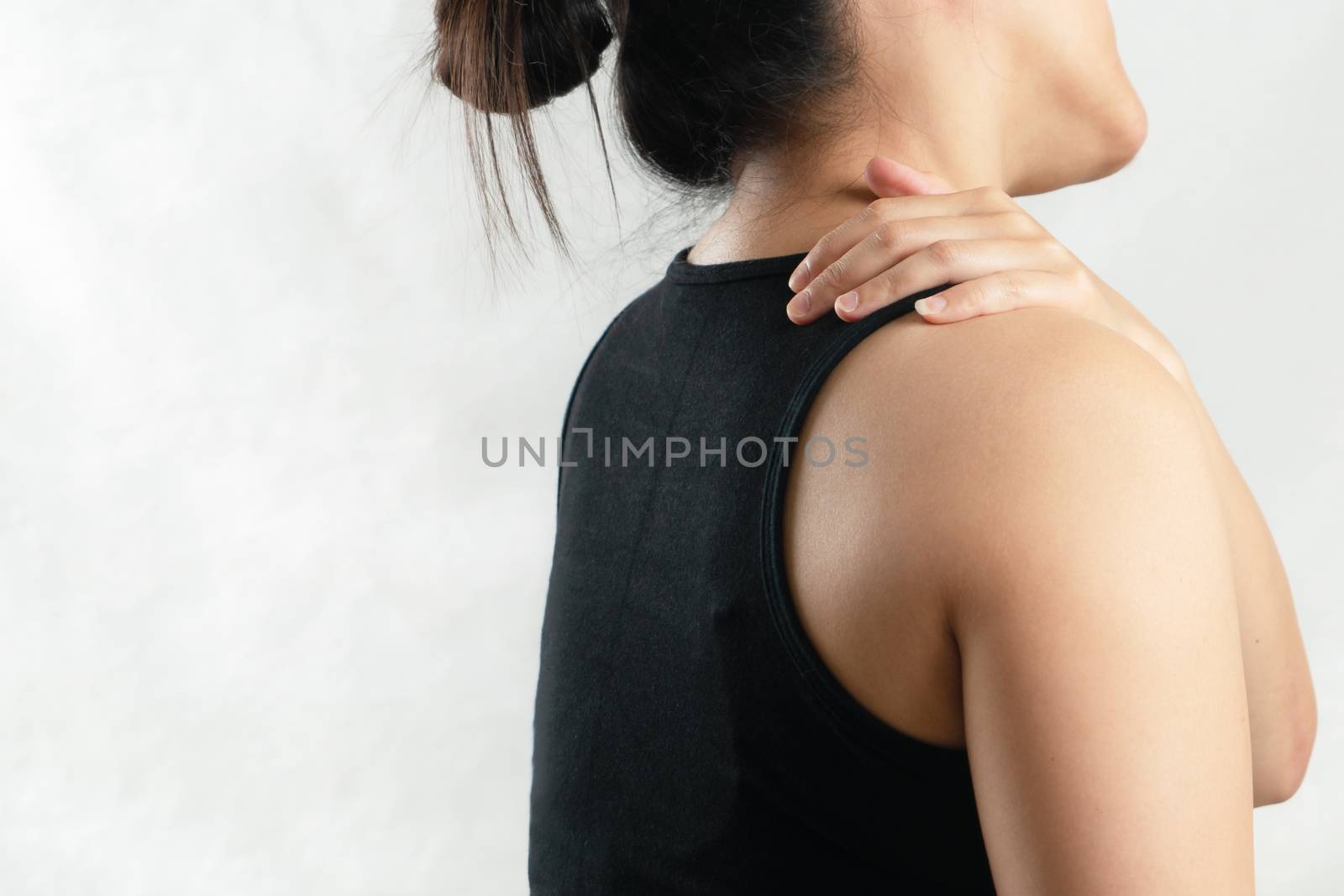 young women neck and shoulder pain injury, healthcare and medical concept