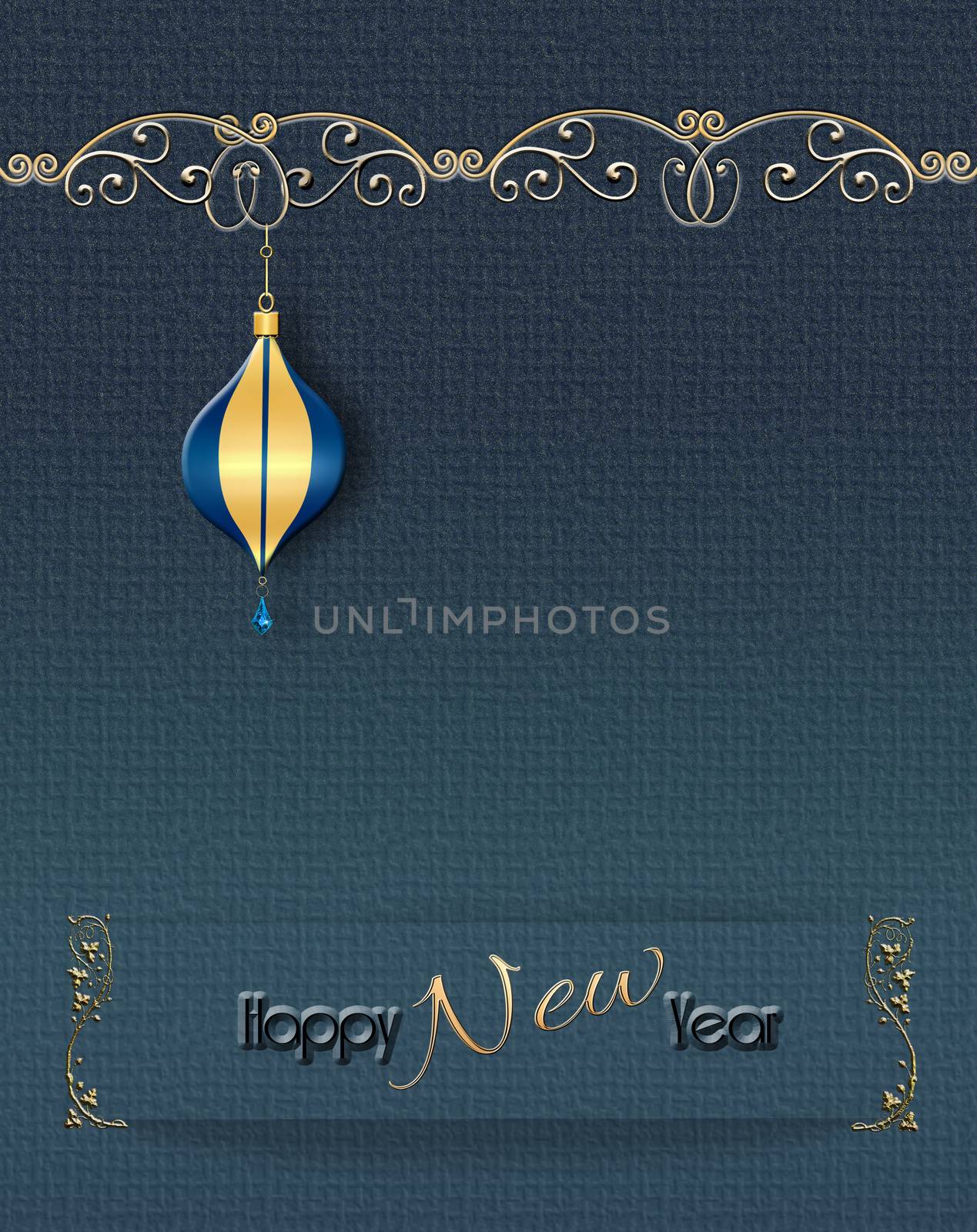Gold Christmas bauble hanging against the dark blue background with golden dust. Text Happy New Year. Place for text, mock up, menu. 3D render.