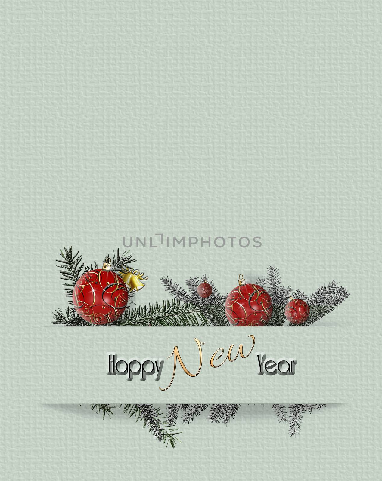 Elegant luxury Christmas 2021 New Year design with hanging red gold baubles, fir branches, text Happy New Year on pastel green background. Xmas Card, invitation, menu, flyer. Copy space. 3D render