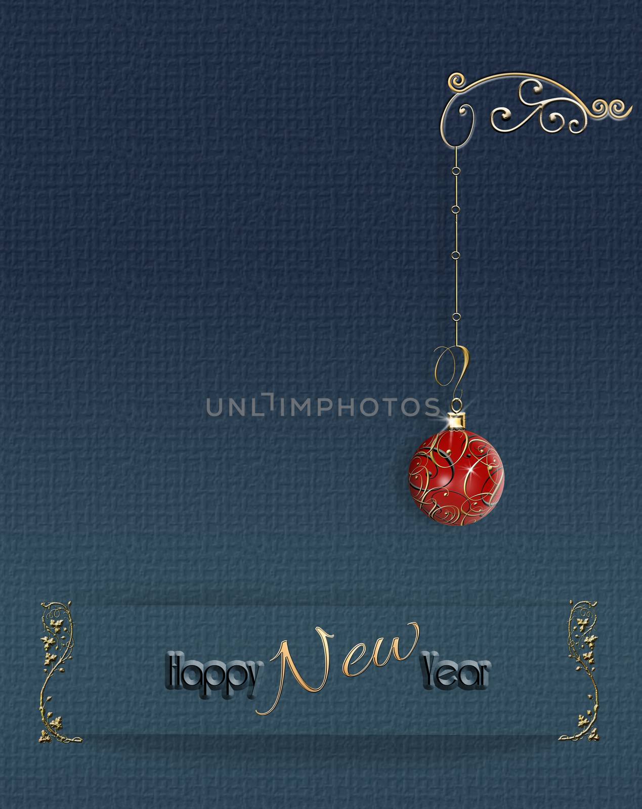 Luxury Christmas New Year background with red bauble and gold frame on paper stripe on blue background. Place for text. 3 illustration.