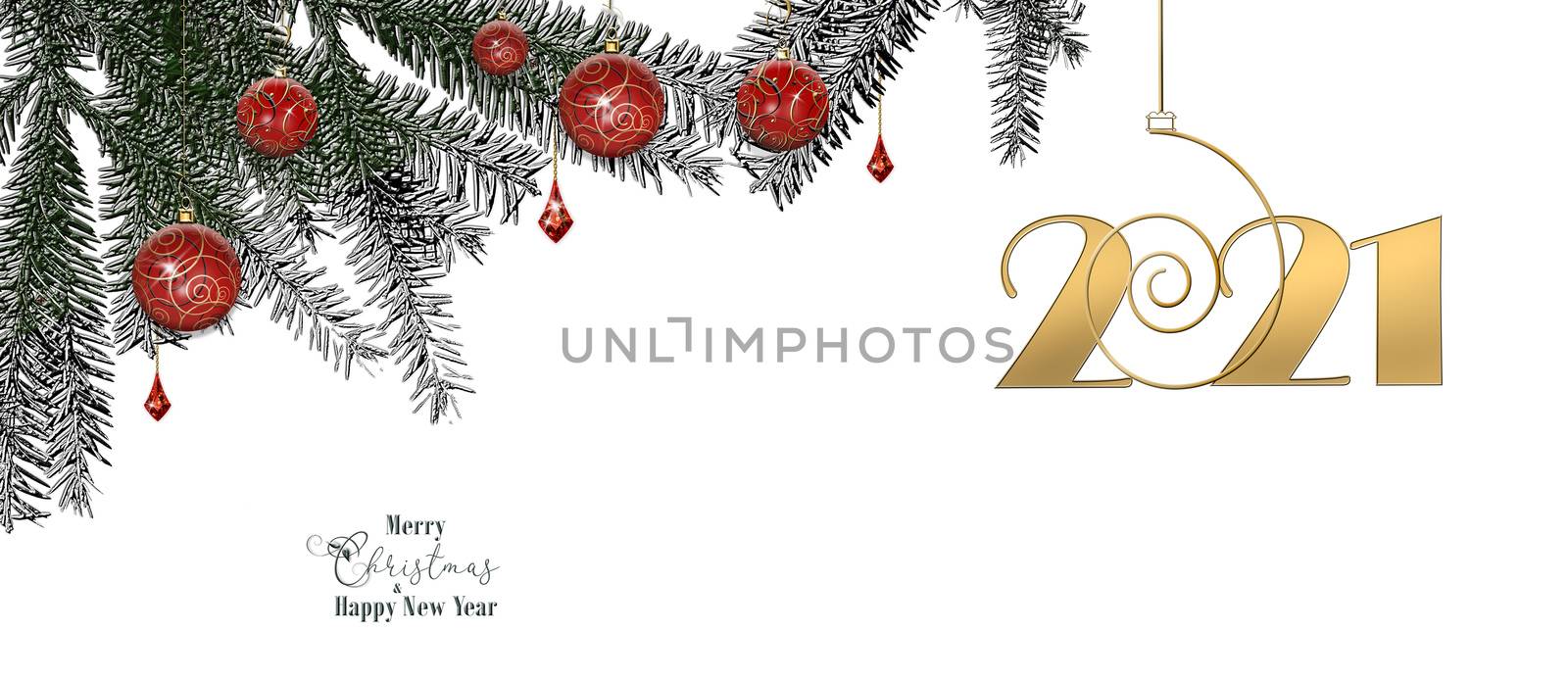 2021 Happy New Year border, Xmas garland with red baubles and digit 2021 hanging on fir branches. Horizontal Christmas poster, greeting card, header. Text Merry Christmas Happy New Year. 3D render