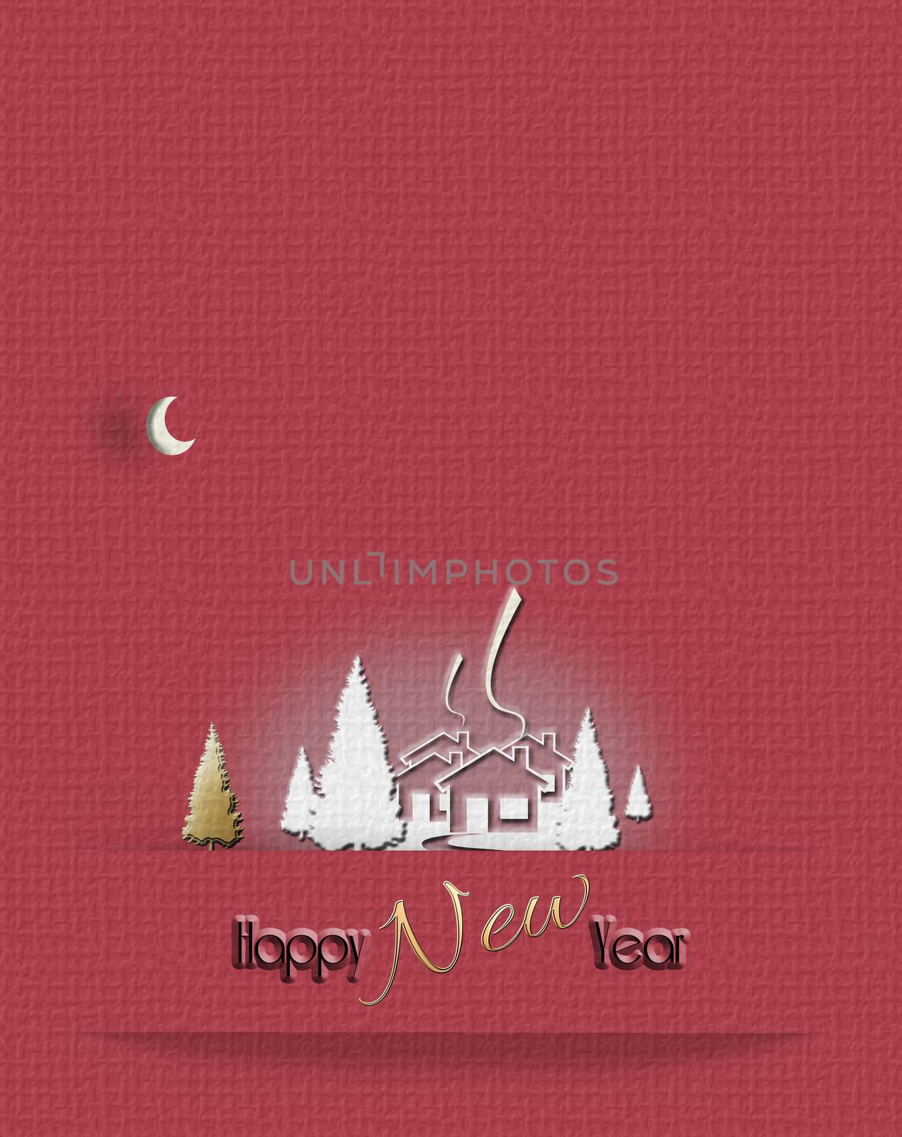 2021 New Year card with winter rural village landscape on vintage red background. The night eve Christmas. Text Happy New Year. 3D render.