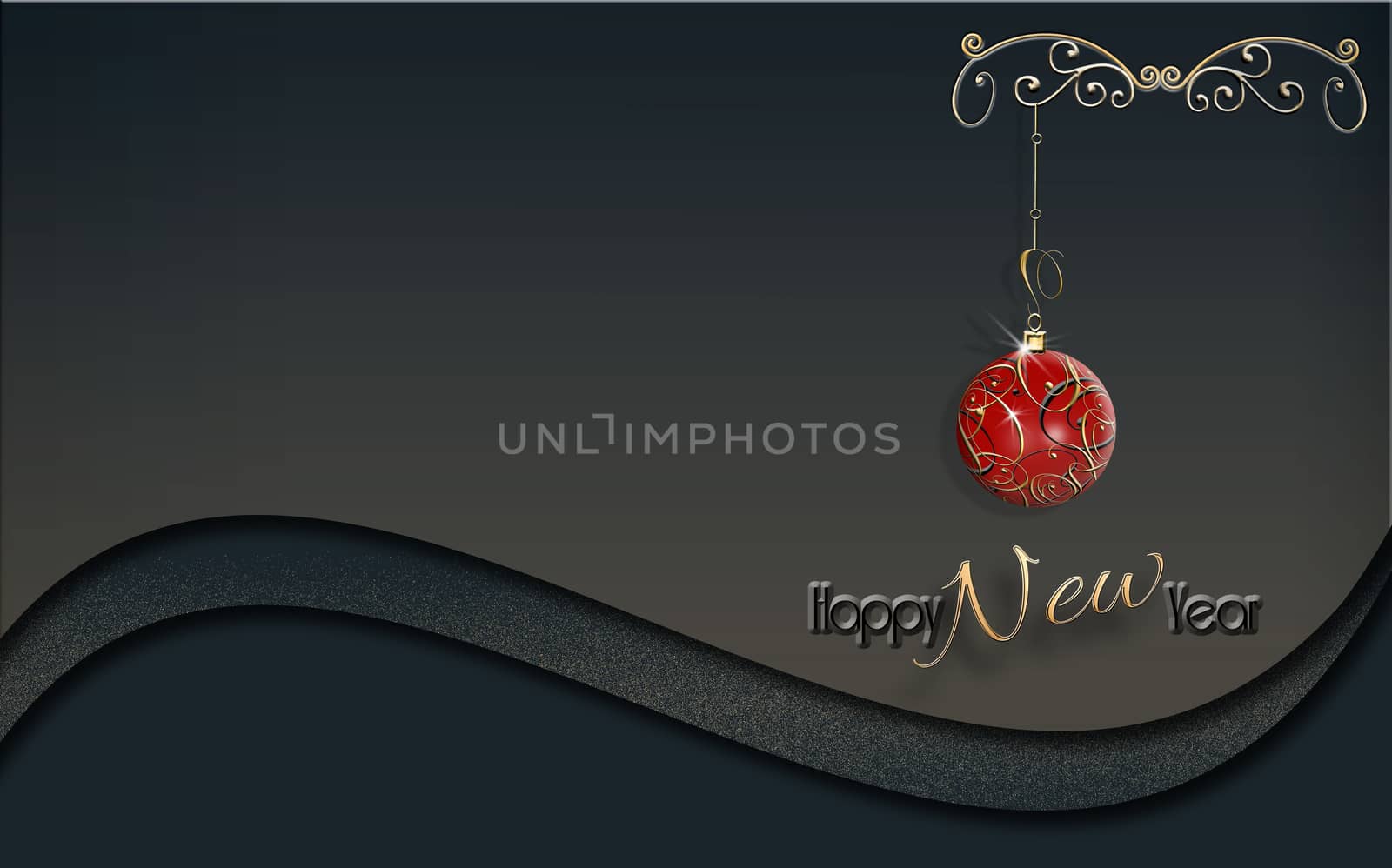 Luxury Christmas and 2021 New Year holidays background with hanging red bauble ball over black dramatic luxury curved background. Happy New Year text. 3D render.
