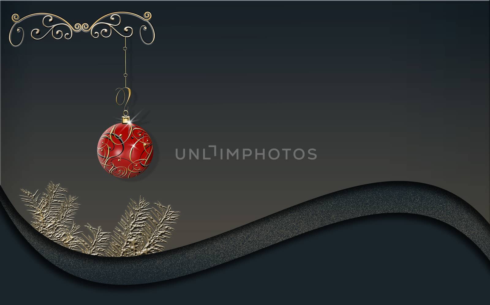 Premium luxury Christmas 2021 New Year background for festive greeting card. Gold fir branches, hanging red gold bauble on black curve background with gold confetti. Horizontal 3D illustration