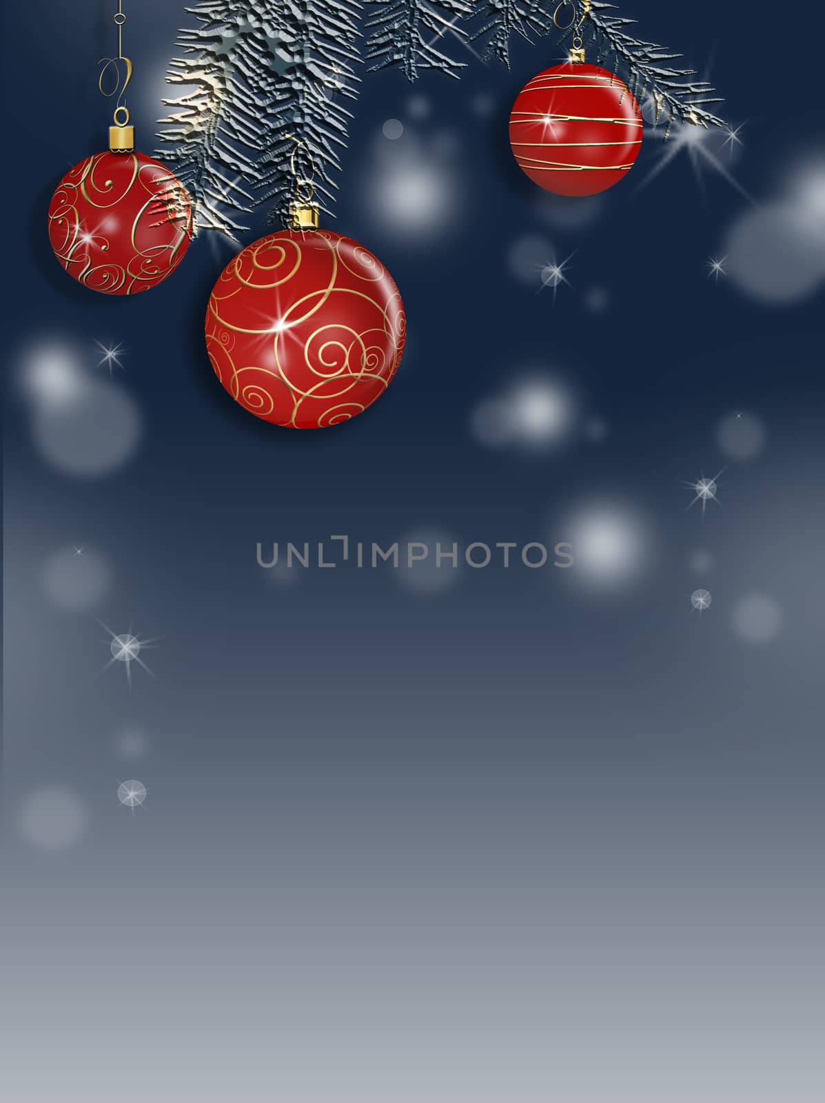 Christmas background with snow fir tree branch, realistic red balls, gift tag on pastel blue background with bokeh. Copy space. 3D render