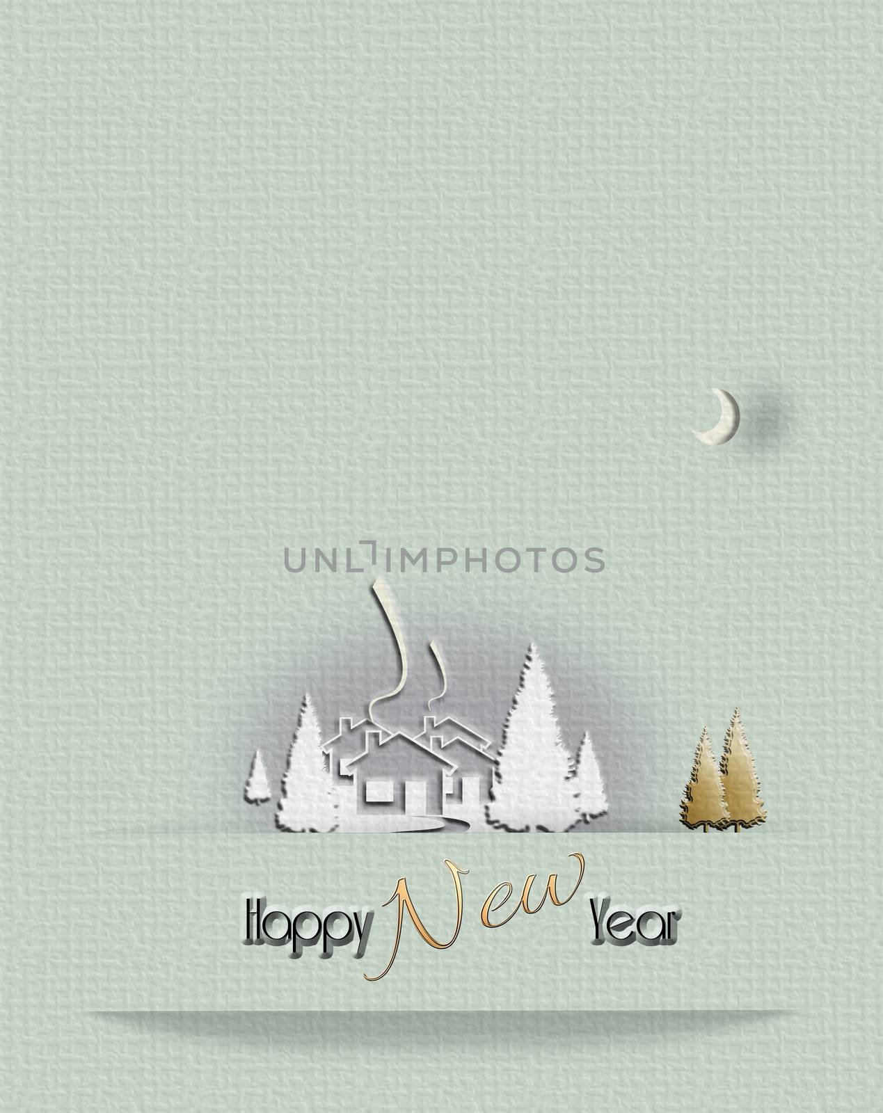 Beautiful minimalist Christmas 2021 New Year country winter landscape with houses, moon, gold Christmas tree in pastel green colour. Text Happy New Year. 3D render, place for text.