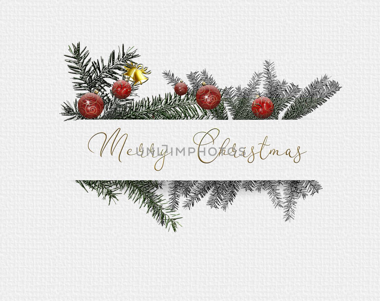 Christmas New Year design with gold red border of baubles and fir branches in the paper stripe on white background. Text Merry Christmas. 3D illustration